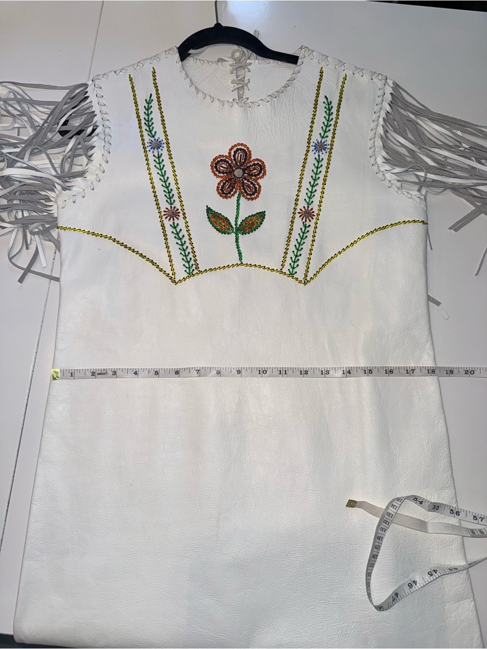 White Fringe Leather Dress with Floral Beadwork Size 10 Native - Picture 12 of 12